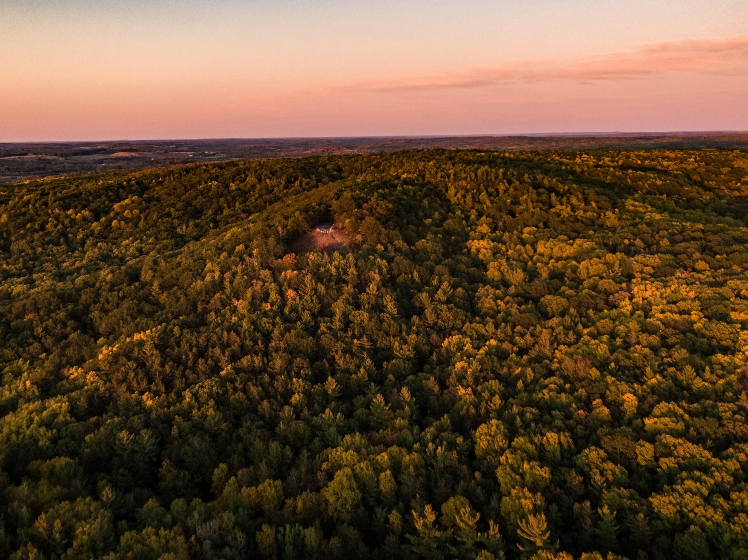Aerial shot of County Forest at sunset
