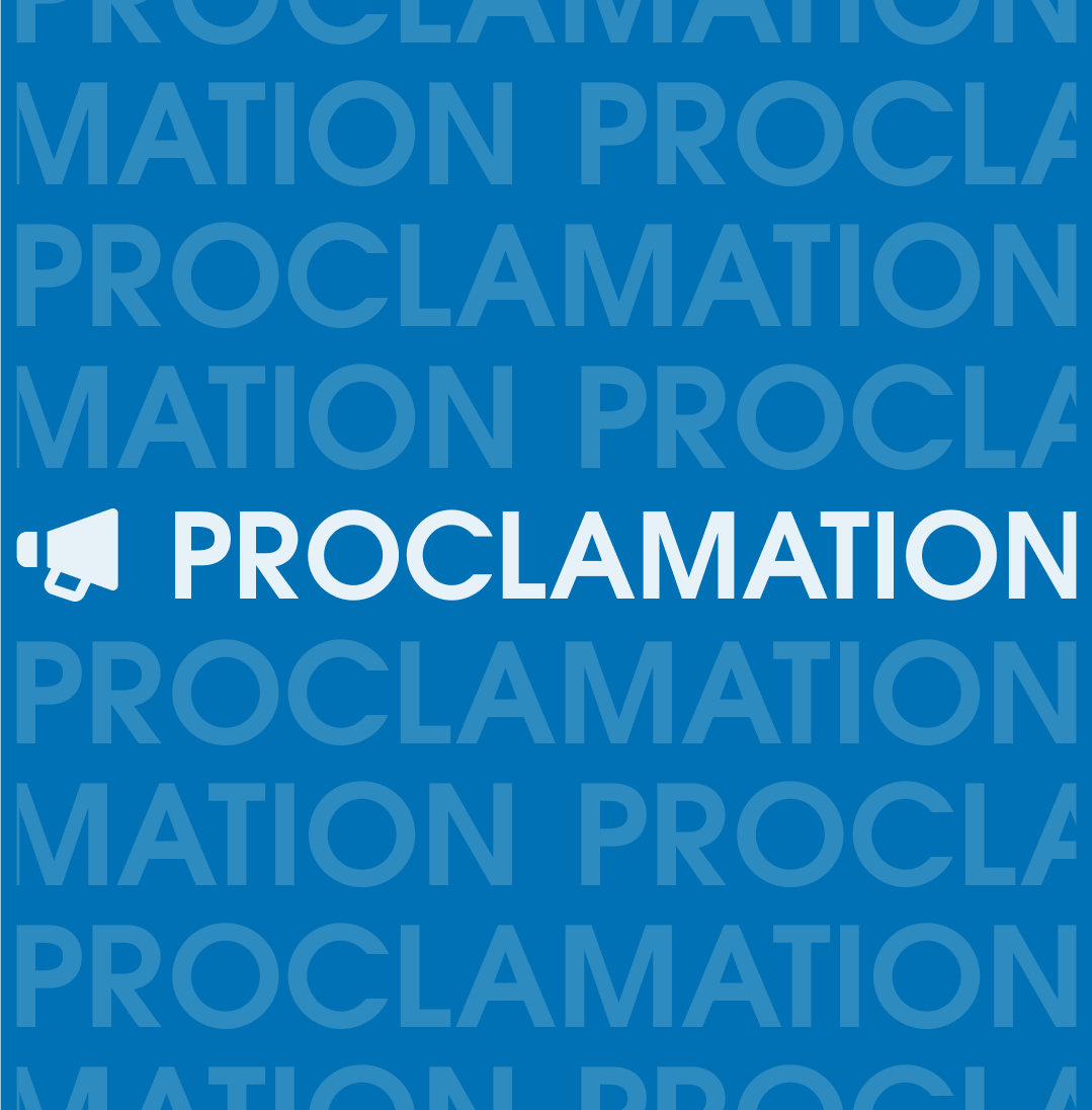 White text on blue background. text reads: "Proclamation"