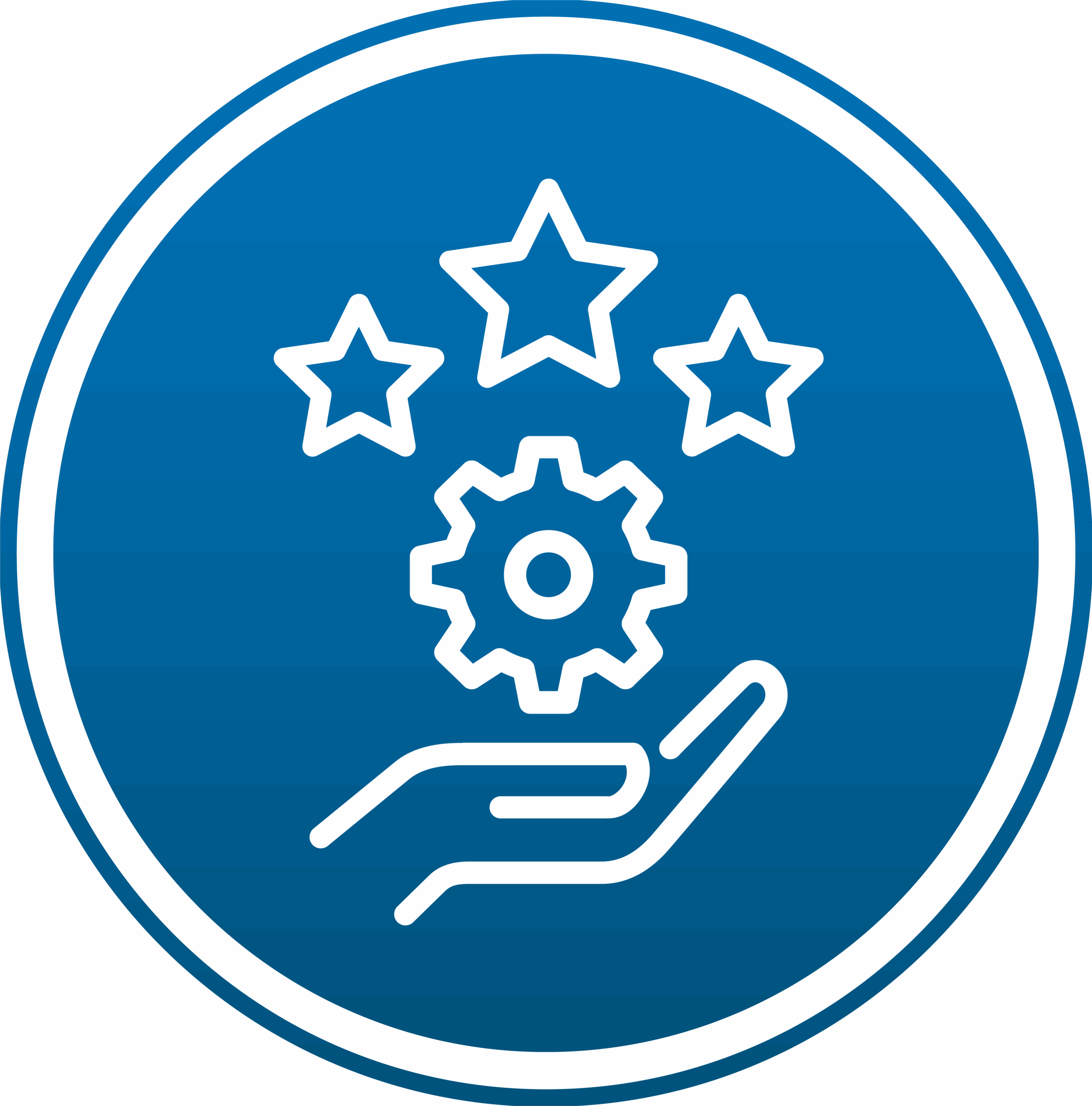 Hand holding a gear with stars above it.