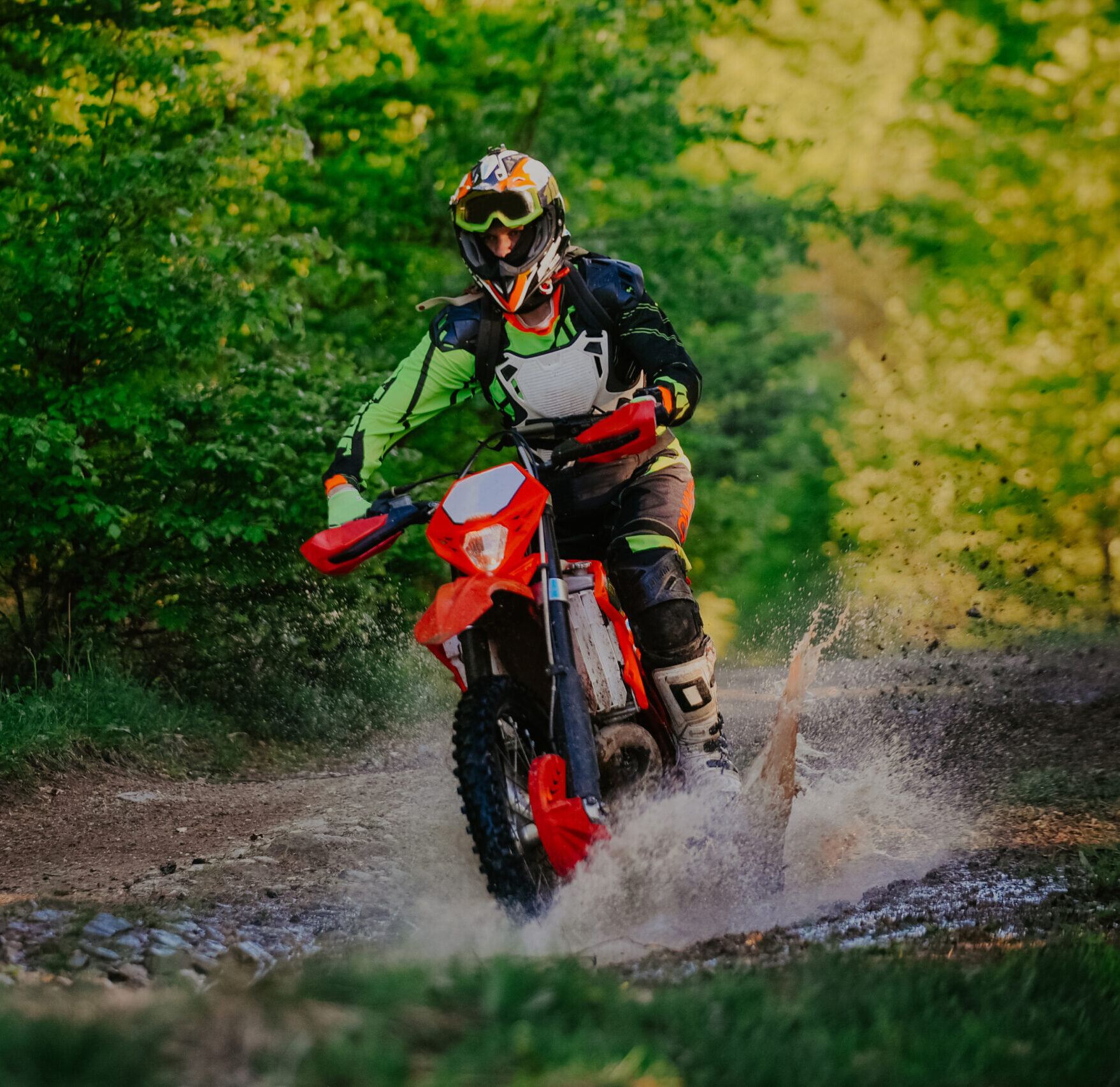 Off road motorcycling in forest