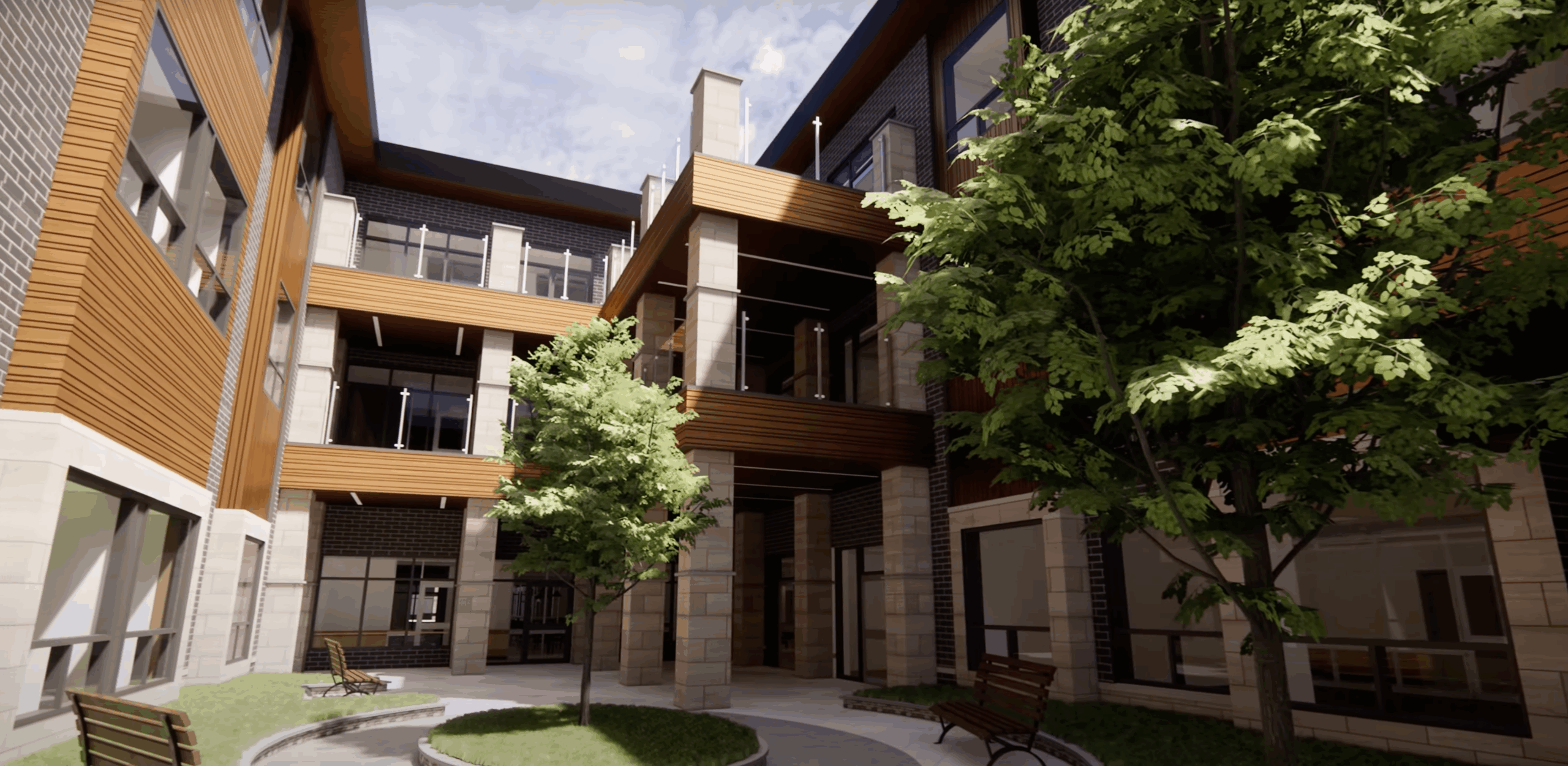 Digital rendering of courtyard in new GPL building