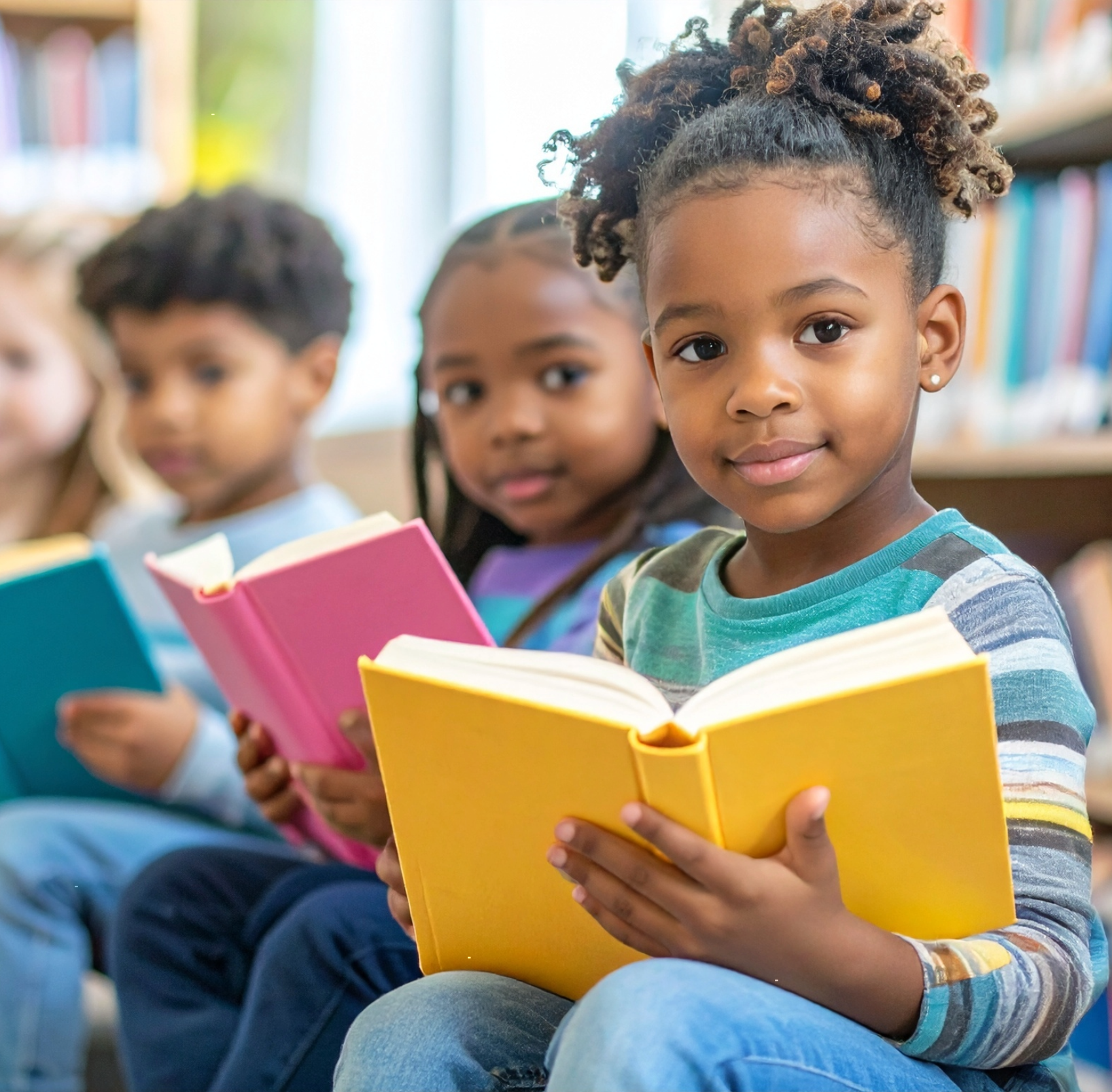 Children sitting in a group reading.