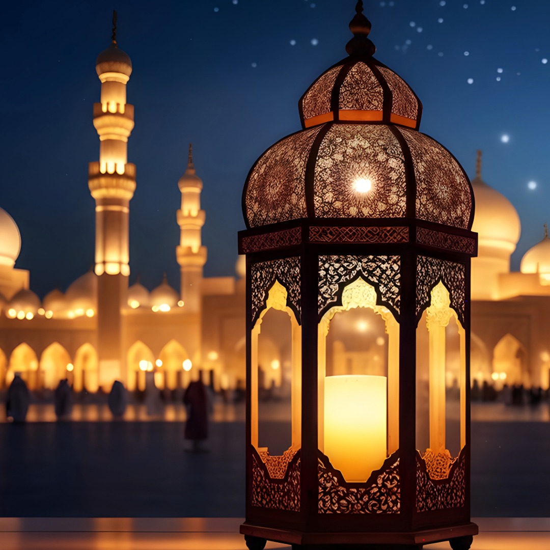 Lantern glowing outside of a Mosque.
