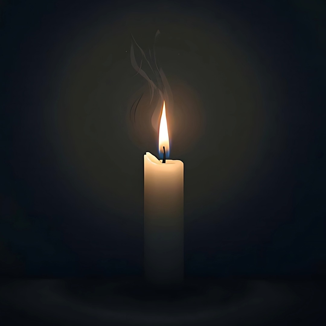 Single candle burning in a dark room.