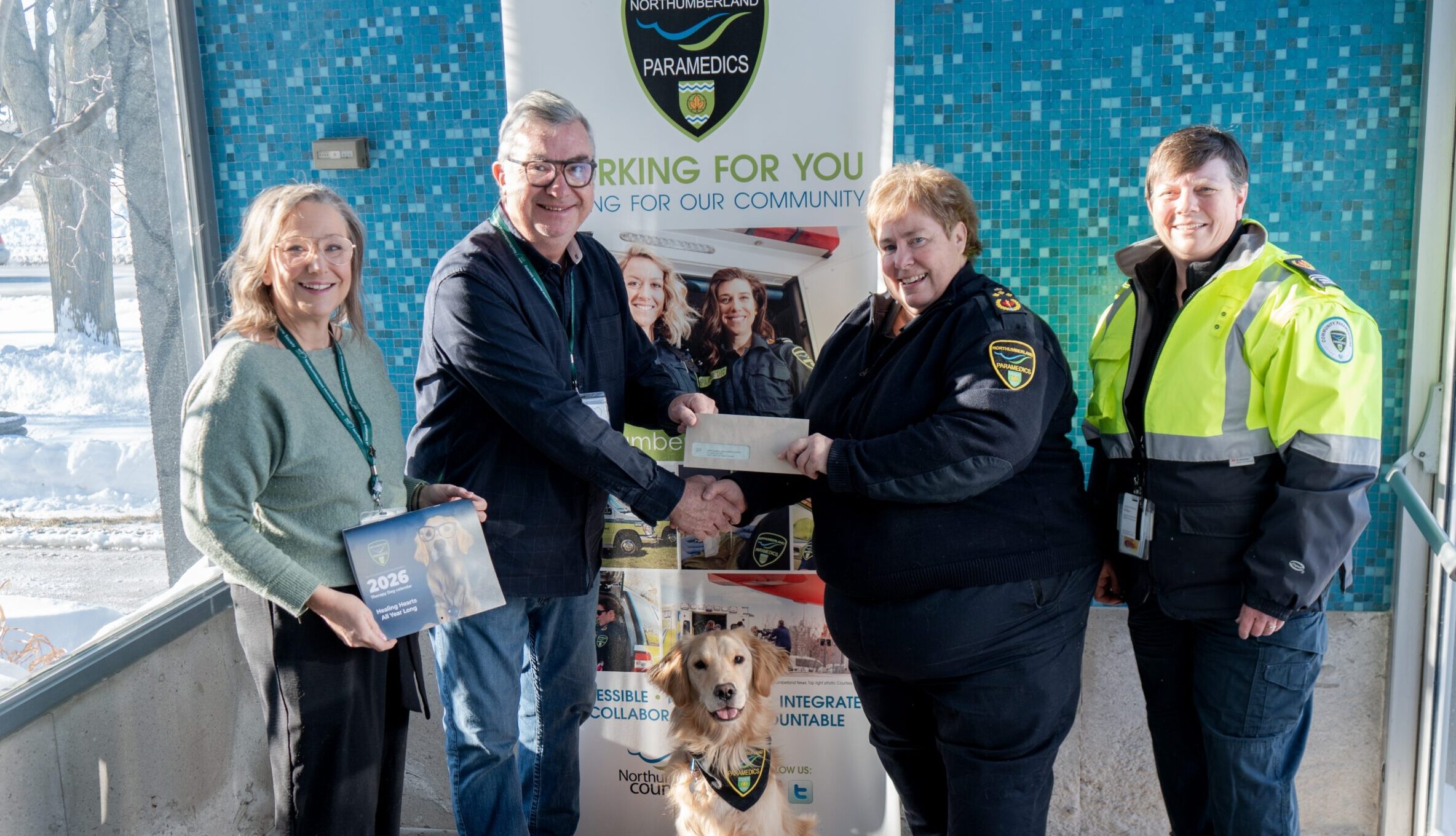 Left to Right—Northumberland Humane Society Community Outreach Specialist Krystyne Gillespie , Northumberland Humane Society Director of Operations Max Chipman, Northumberland Paramedics Therapy Dog Ivy Joules, Northumberland Paramedics Chief Susan Brown, Northumberland Paramedics Deputy Chief of Community Paramedicine Kim Wilkinson